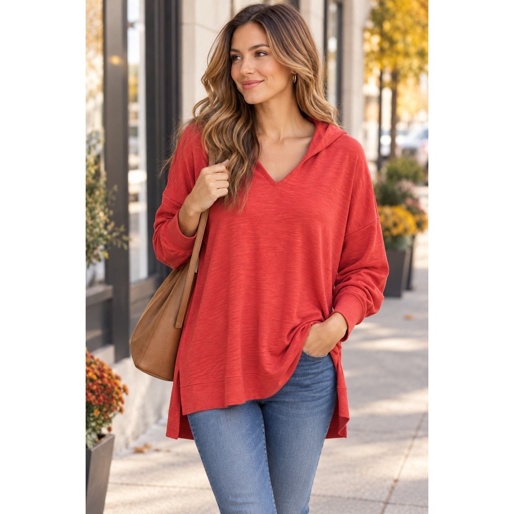LOFT Womens XL Orange Red Oversized Hooded Pullover Tunic Sweatshirt Fall Casual